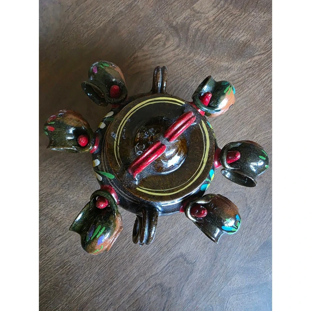 Mexican Folk Art Pottery Tequila Set Hand Painted Floral Glazed Brown 8pc decor